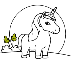 Dibujos infantiles online para niños y niñas: Unicornio al atardecer para colorear gratis