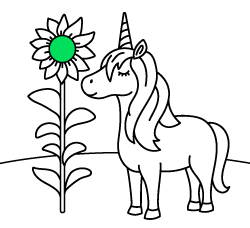 Dibujos fáciles online para colorear y pintar gratis. Unicornio con girasol para niños pequeños