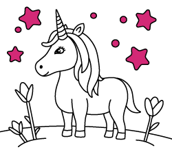Imágenes de unicornios para colorear online: Tulipanes. Dibujos para pintar gratis para niños pequeños