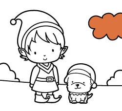 Dibujos de Navidad para niños y niñas: Elfo con perro para colorear gratis