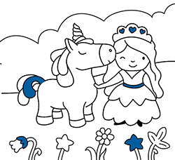 Dibujos de princesas para niñas y niños. Princesa con unicornio para colorear gratis