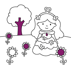 Dibujos fáciles para colorear e imprimir gratis. Dibujo de princesa con mariposas para niñas y niños