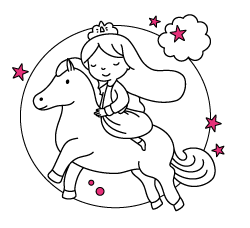 Princesas para pintar online y gratis. Dibujo infantil de princesa cabalgando para colorear para niñas y niños