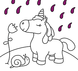 Imprimir y colorear dibujo infantil de Unicornio: Lluvia