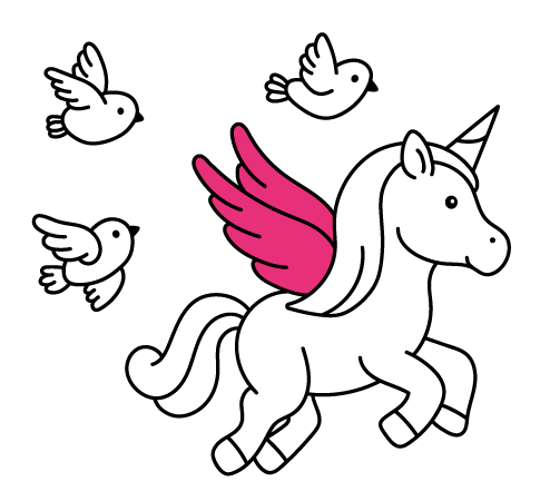 Dibujos de unicornios gratis para colorear online para niños pequeños: Unicornio volando con pajaritos