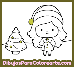 Diseño infantil navideño para niños y niñas: Niña con arbolito para colorear en línea
