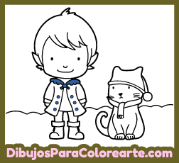 Dibujos fáciles de Navidad para colorear online para niños y niñas: Duende con gato para pintar gratis