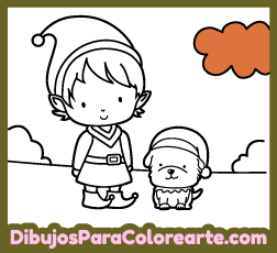 Ilustración infantil navideña para colorear gratis: dibujo de Elfo con perro para niños y niñas