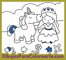 Dibujos de princesas para pintar online. Princesa con unicornio para imprimir gratis y colorear