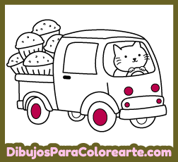 Ilustraciones infantiles de transportes para colorear online : Camión con Muffins