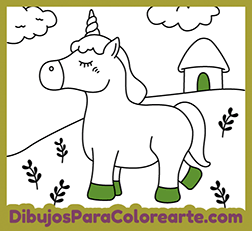 Dibujos para colorear online: Unicornio y su casa para pintar gratis